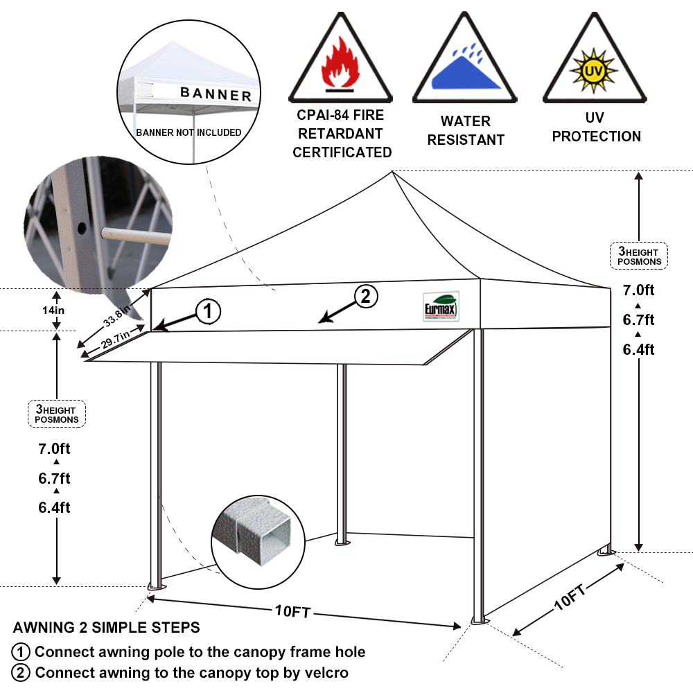 Standard 10x10 Extended Awning Canopy + 4 Zipper Walls (Select Color)